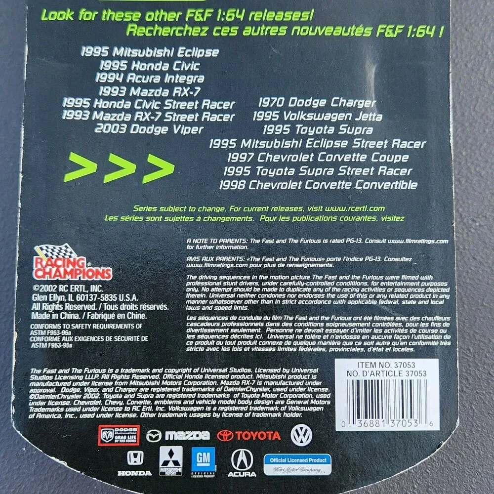 2002 Racing Champions The Fast And The Furious 5-Pack 1:64 Diecast Cars Sealed